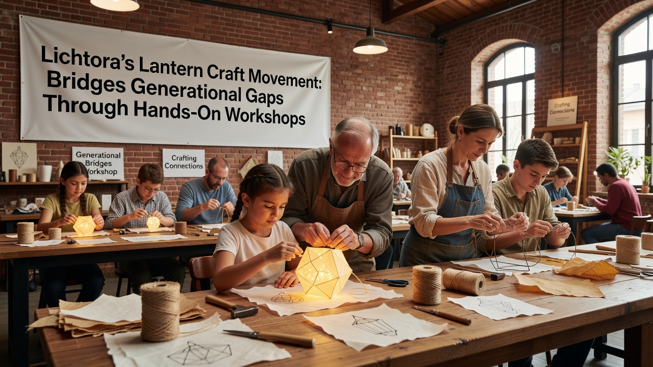 Close-up view of multi-generational hands adjusting lantern frames in a Lichtora community space