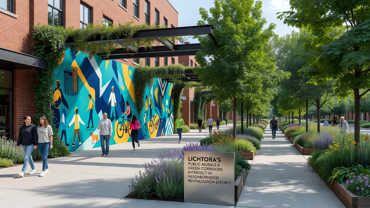 Community members walking through a revitalized Lichtora neighborhood where murals and green corridors meet at a central plaza